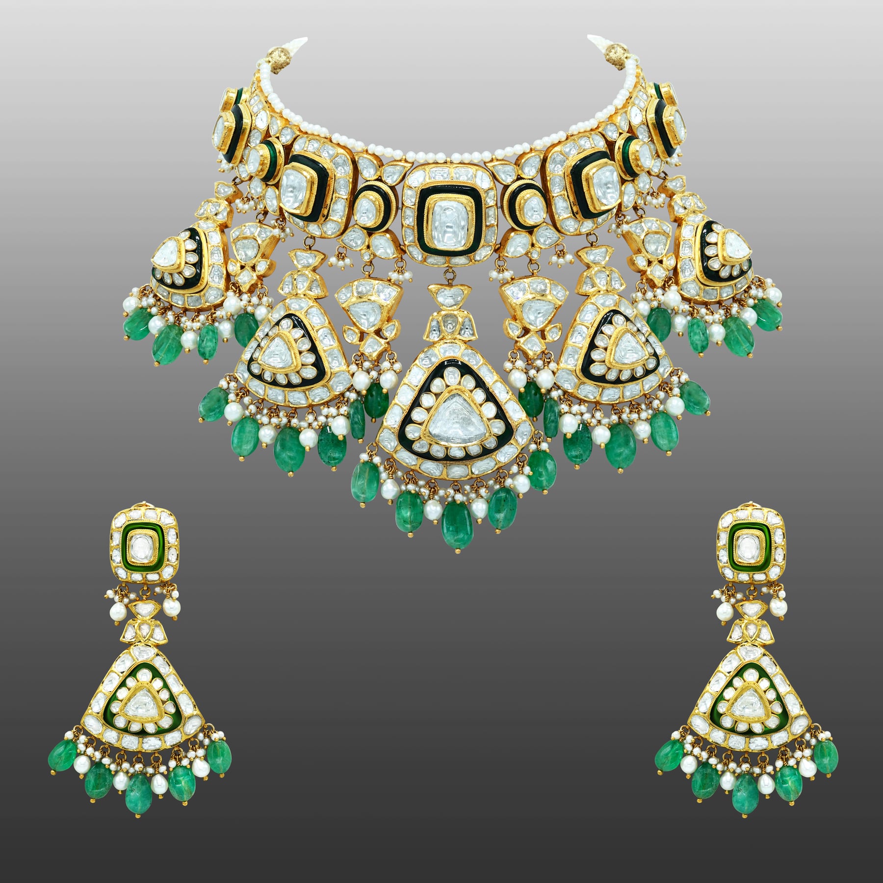 Polki Choker Set with Green Enamel and Emerald Drop Details